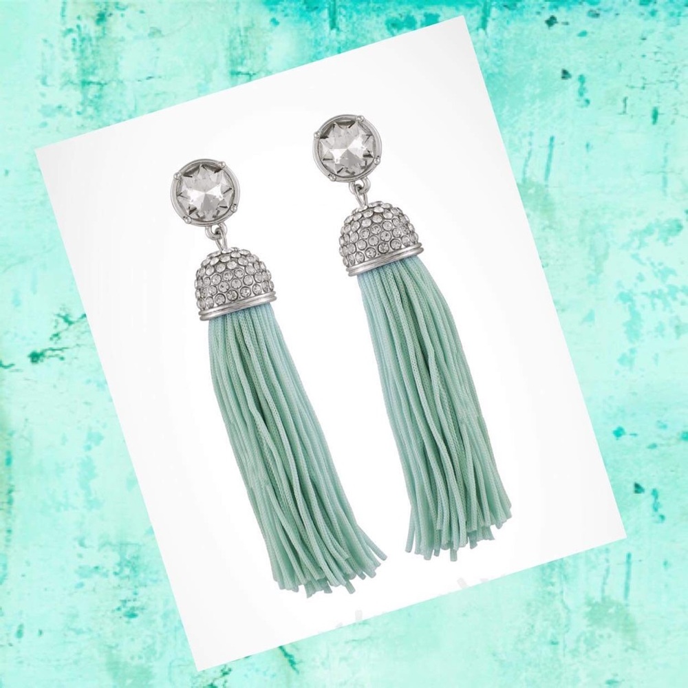 Silver Mint Rhinestone Tassel Statement Earrings
